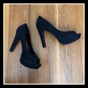 Black suede platform peep toe heel